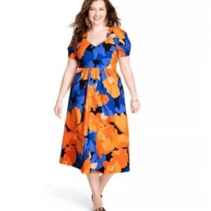 Blue and Orange Puff Sleeve Midi Sundress